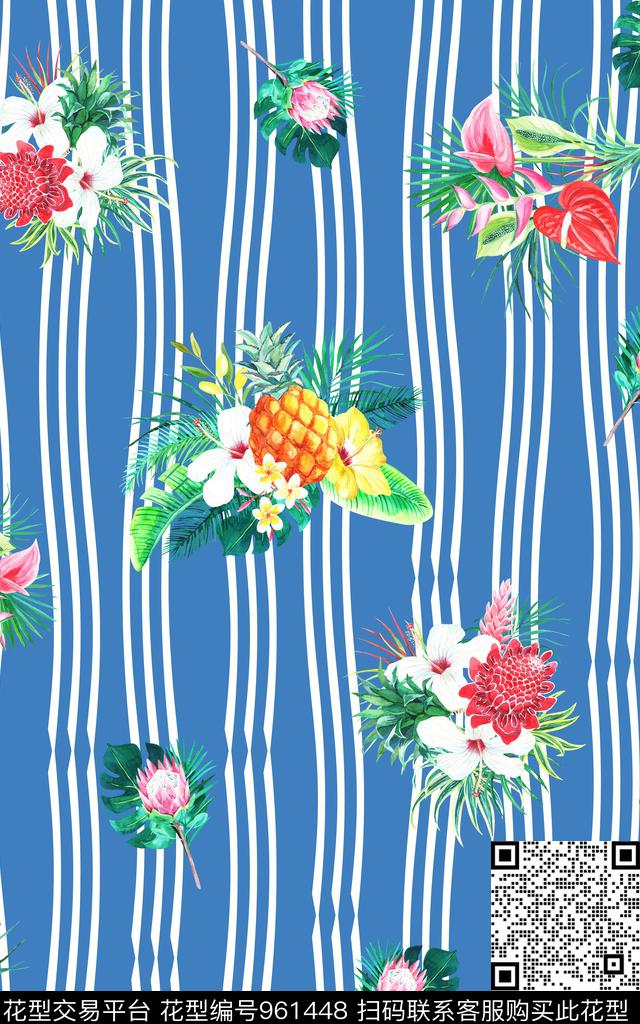 条纹格子花卉数码印花华亿平台下载（图片编号: 961448） - 瓦栏（Walan）