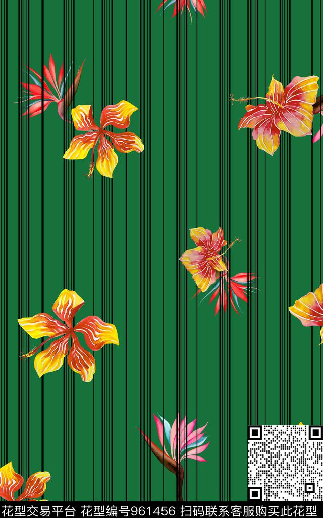 条纹格子花卉数码印花华亿平台下载（图片编号: 961456） - 瓦栏（Walan）