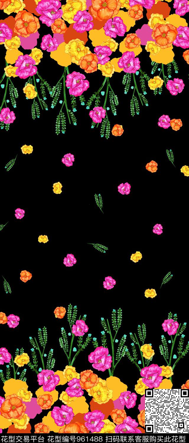 数码华亿平台手绘花卉双边定位数码印花华亿平台下载（图片编号: 961488） - 瓦栏（Walan）