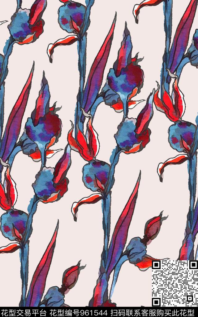 线条水彩花卉清爽底花卉数码印花华亿平台下载（图片编号: 961544） - 瓦栏（Walan）