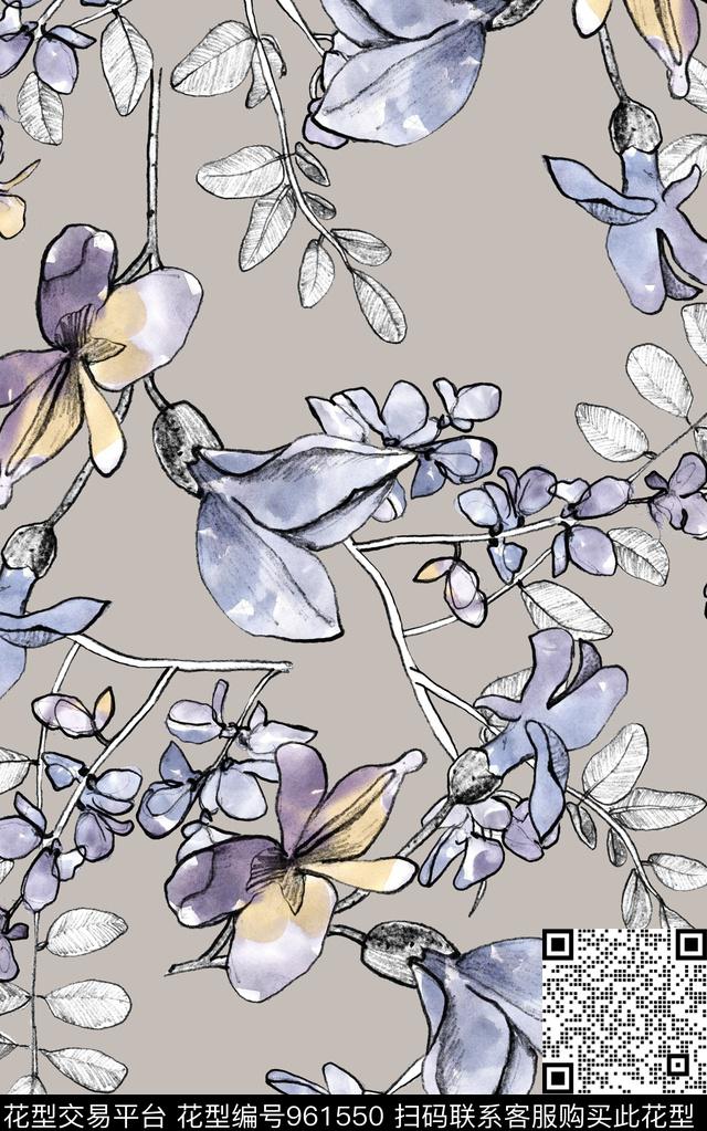 线条水彩花卉清爽底花卉数码印花华亿平台下载（图片编号: 961550） - 瓦栏（Walan）