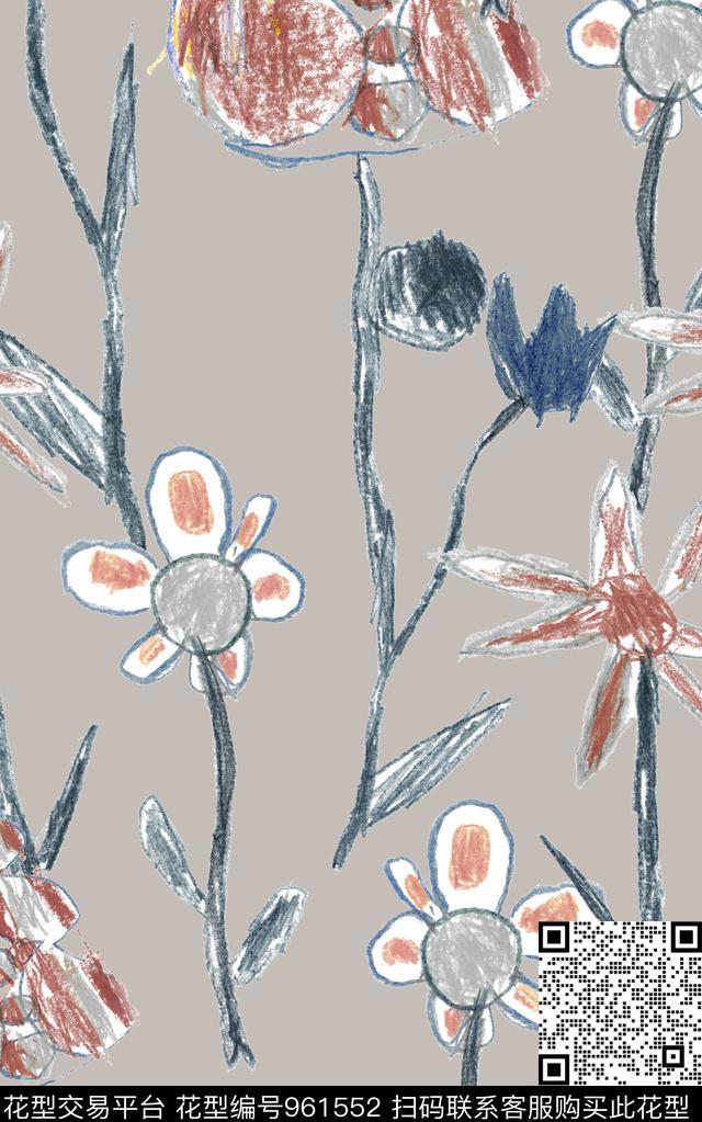 线条水彩花卉清爽底花卉数码印花华亿平台下载（图片编号: 961552） - 瓦栏（Walan）