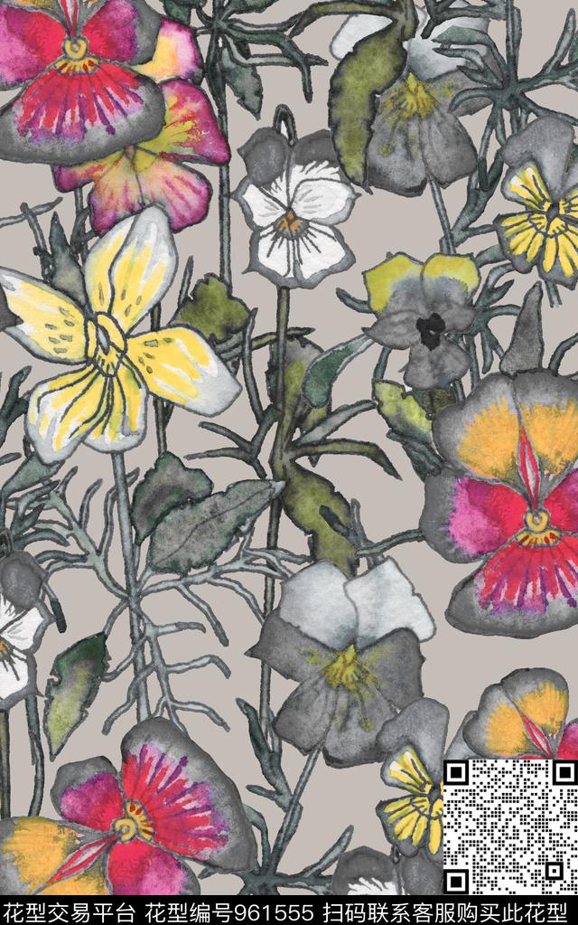 线条水彩花卉清爽底花卉数码印花华亿平台下载（图片编号: 961555） - 瓦栏（Walan）
