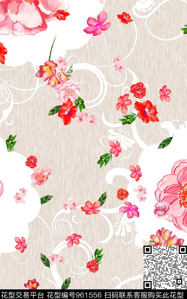 年轻女性花卉手绘花卉数码印花华亿平台下载（图片编号: 961556） - 瓦栏（Walan）
