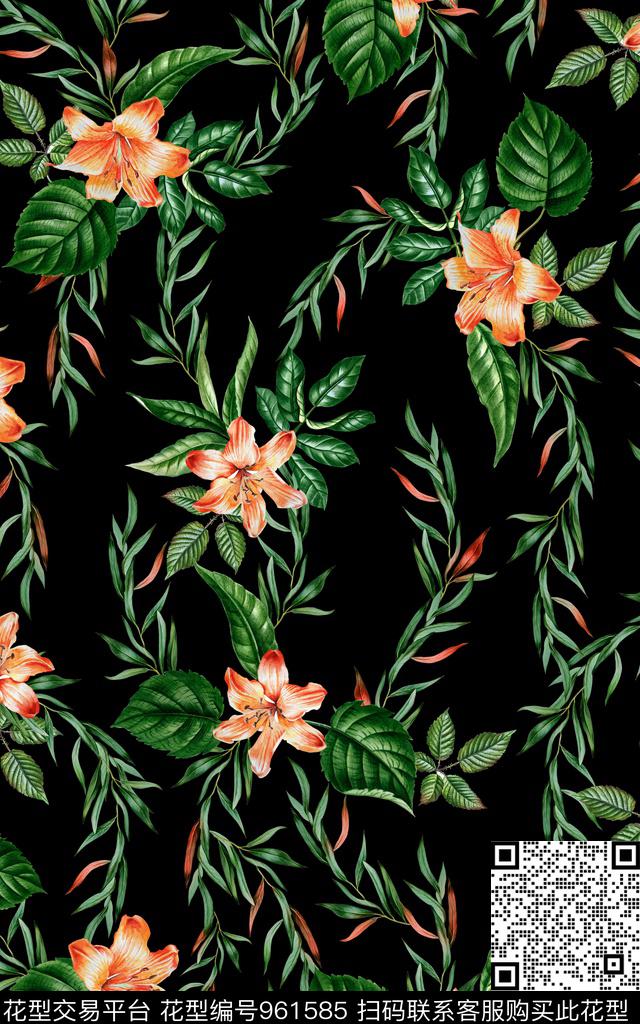 年轻女性花卉手绘花卉数码印花华亿平台下载（图片编号: 961585） - 瓦栏（Walan）