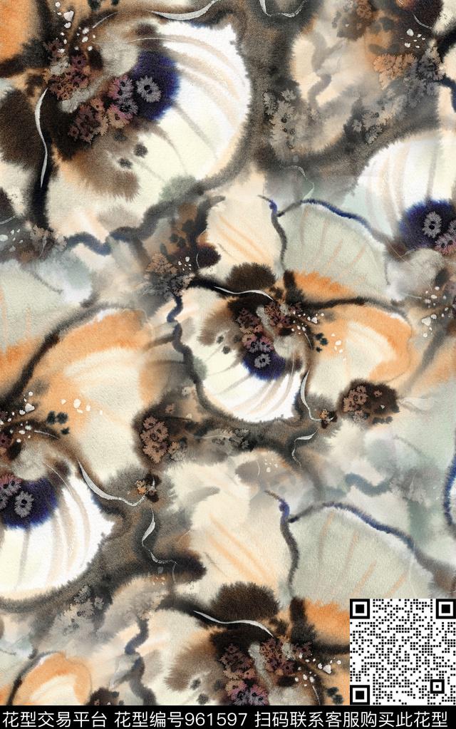 线条水彩花卉笔触数码印花华亿平台下载（图片编号: 961597） - 瓦栏（Walan）