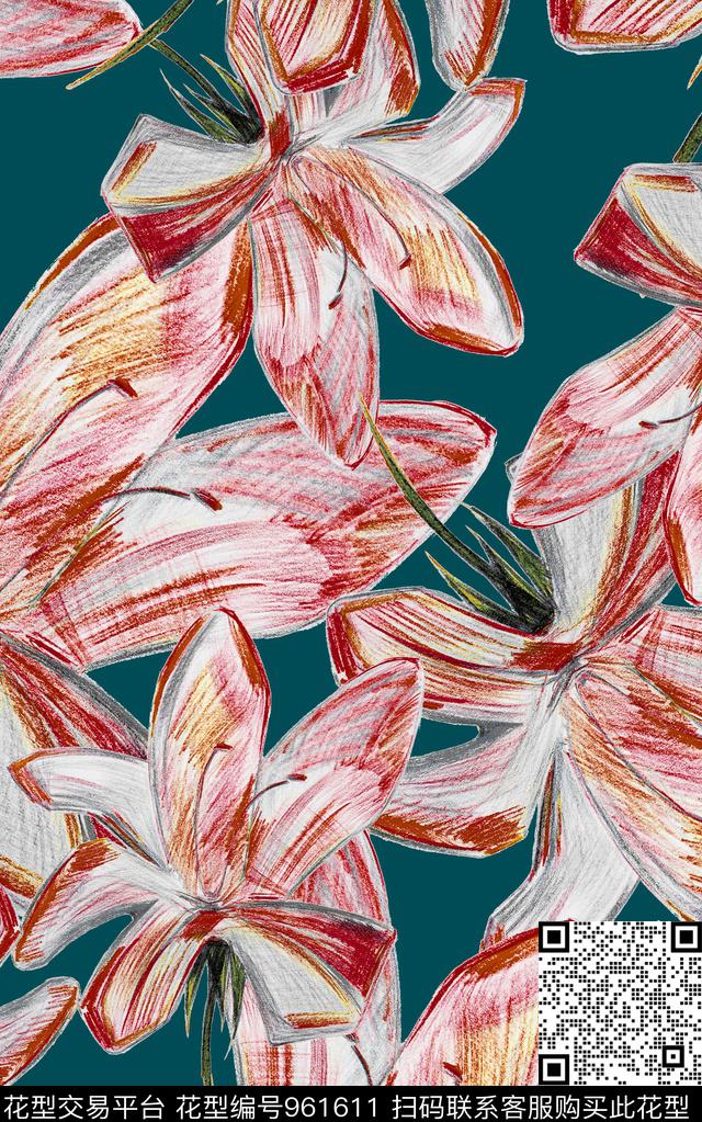 线条花卉手绘大花数码印花华亿平台下载（图片编号: 961611） - 瓦栏（Walan）