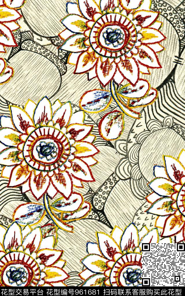 民族风线条花卉花卉数码印花华亿平台下载（图片编号: 961681） - 瓦栏（Walan）