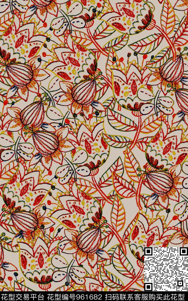 民族风线条花卉花卉数码印花华亿平台下载（图片编号: 961682） - 瓦栏（Walan）