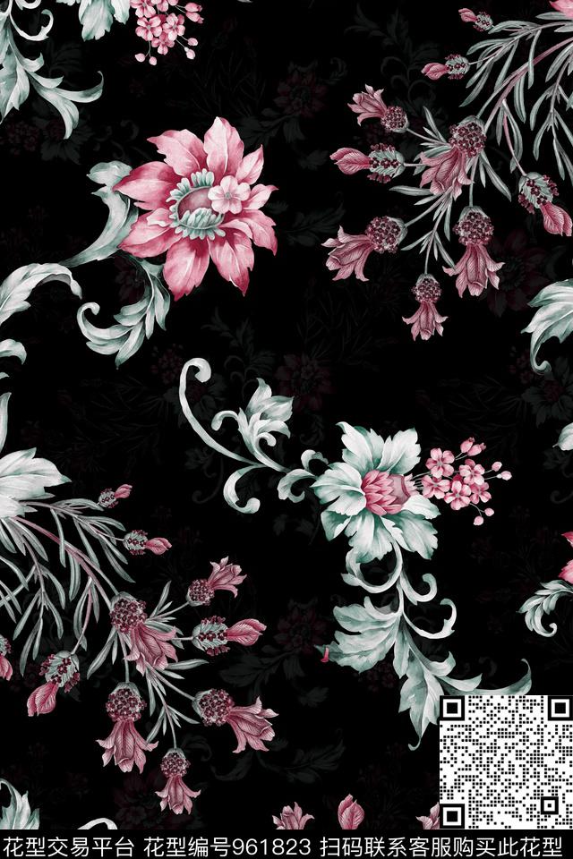 数码华亿平台花卉复古数码印花华亿平台下载（图片编号: 961823） - 瓦栏（Walan）