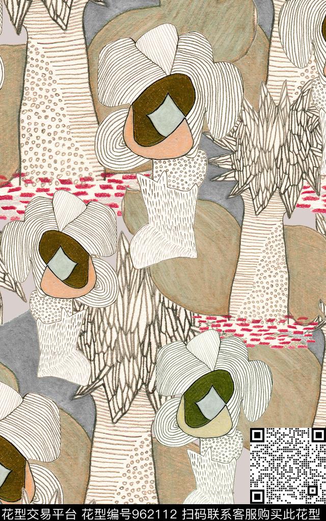 线条抽象花卉笔触数码印花华亿平台下载（图片编号: 962112） - 瓦栏（Walan）