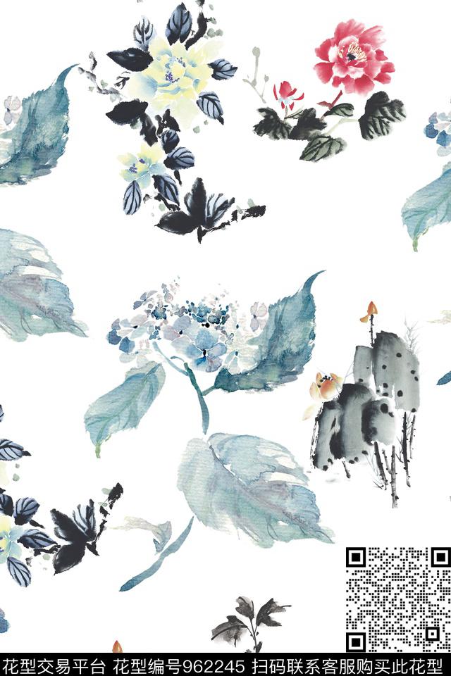 菊花石头牵牛花数码印花华亿平台下载（图片编号: 962245） - 瓦栏（Walan）