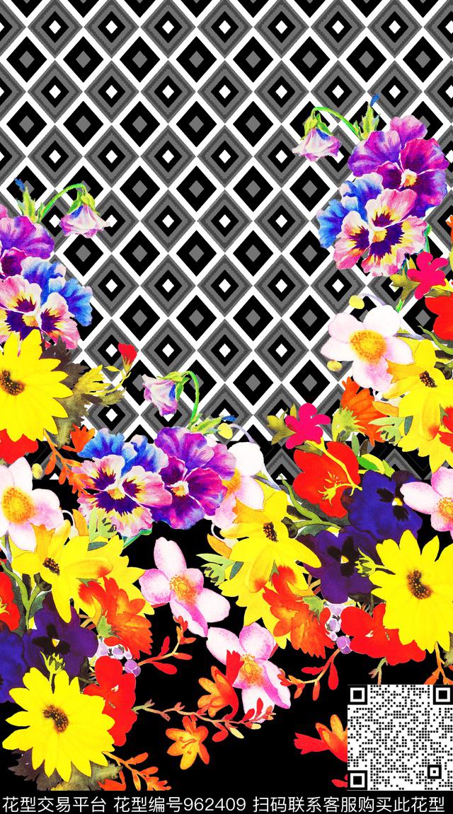 黑底花卉几何定位定位花数码印花华亿平台下载（图片编号: 962409） - 瓦栏（Walan）