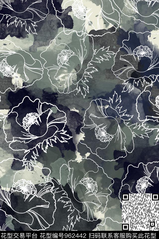泼墨线条花卉水墨风数码印花华亿平台下载（图片编号: 962442） - 瓦栏（Walan）