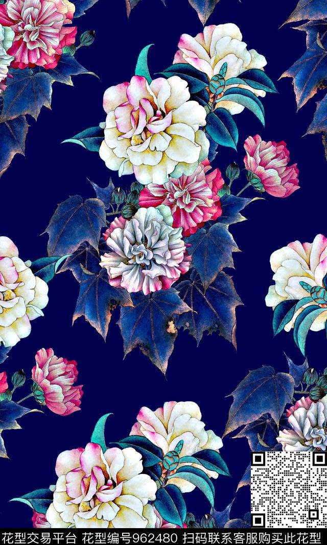 彩底花卉牡丹满版散花数码印花华亿平台下载（图片编号: 962480） - 瓦栏（Walan）