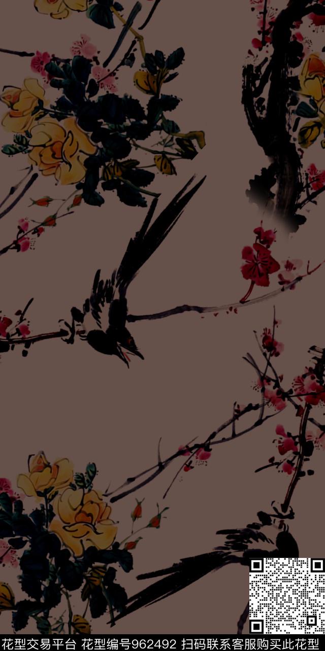 手绘花卉水墨风香云纱数码印花华亿平台下载（图片编号: 962492） - 瓦栏（Walan）
