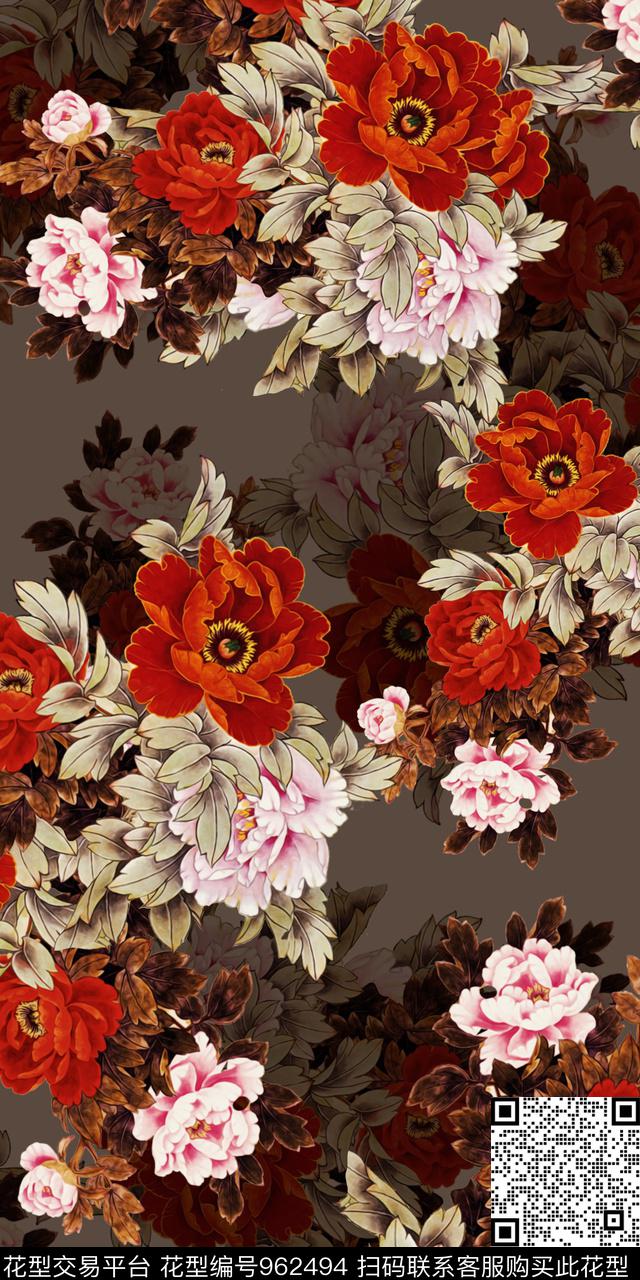 手绘花卉水墨风香云纱数码印花华亿平台下载（图片编号: 962494） - 瓦栏（Walan）