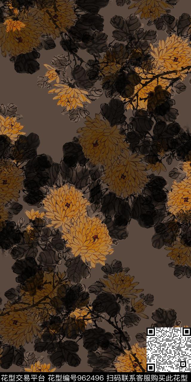 手绘花卉水墨风香云纱数码印花华亿平台下载（图片编号: 962496） - 瓦栏（Walan）