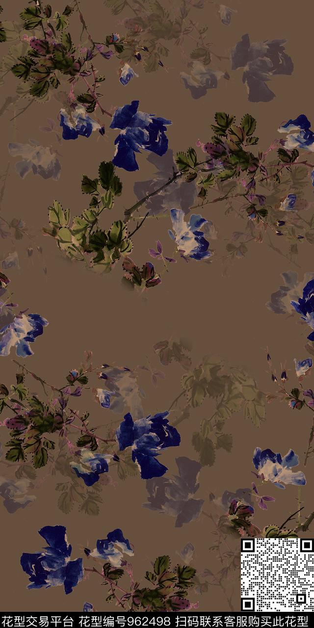 手绘花卉水墨风香云纱数码印花华亿平台下载（图片编号: 962498） - 瓦栏（Walan）