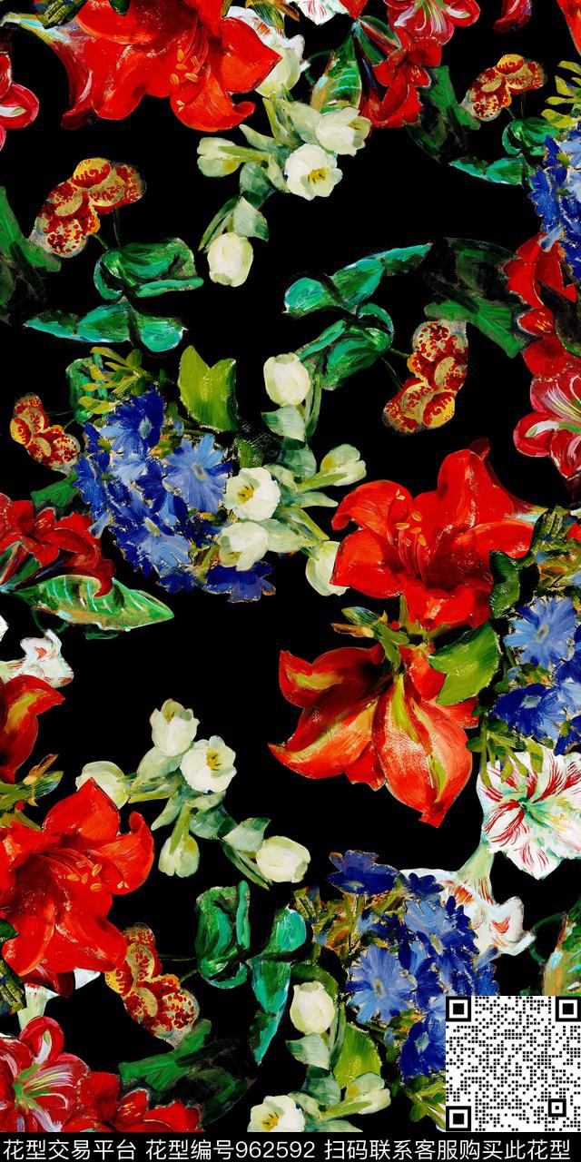 黑底花卉手绘花卉抽象花卉数码印花华亿平台下载（图片编号: 962592） - 瓦栏（Walan）