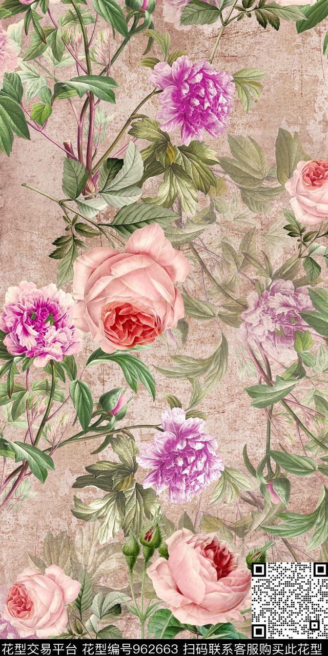 手绘花卉迪拜花卉外贸花卉数码印花华亿平台下载（图片编号: 962663） - 瓦栏（Walan）