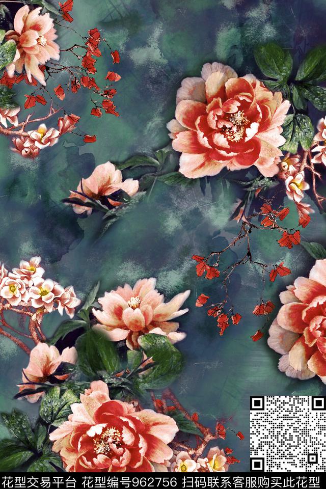 香云纱花卉写实数码印花华亿平台下载（图片编号: 962756） - 瓦栏（Walan）