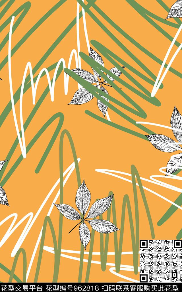 趣味枫叶线条数码印花华亿平台下载（图片编号: 962818） - 瓦栏（Walan）