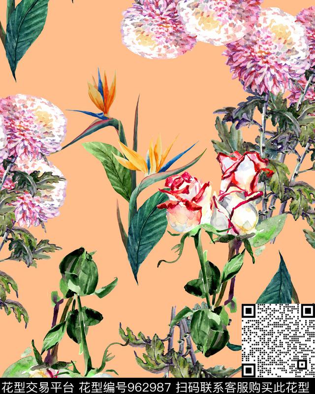 植物花卉清爽底花卉数码印花华亿平台下载（图片编号: 962987） - 瓦栏（Walan）