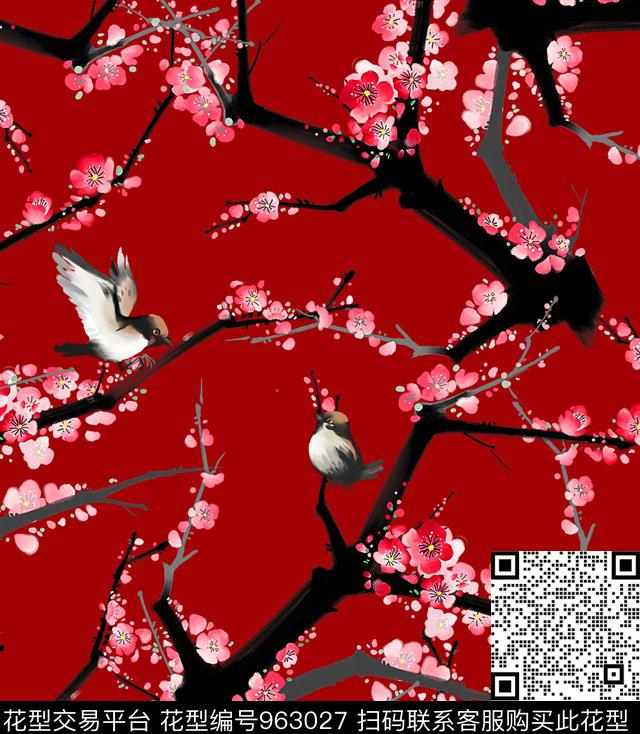 鸟花卉桃花数码印花华亿平台下载（图片编号: 963027） - 瓦栏（Walan）