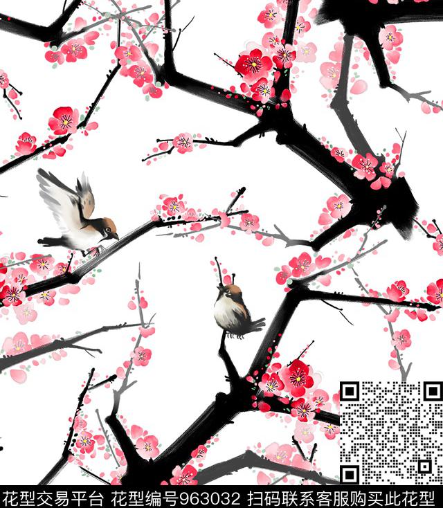 鸟花卉桃花数码印花华亿平台下载（图片编号: 963032） - 瓦栏（Walan）