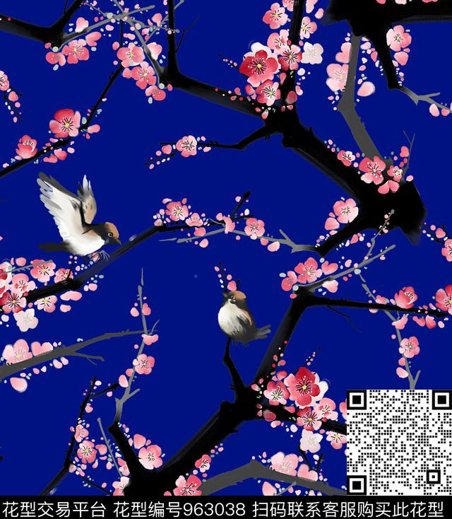 鸟花卉桃花数码印花华亿平台下载（图片编号: 963038） - 瓦栏（Walan）