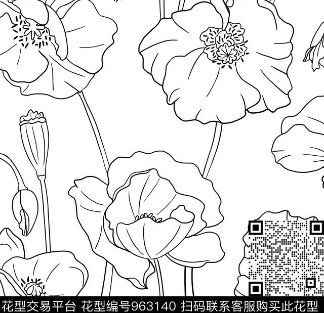 黑白华亿平台线条花卉抽象数码印花华亿平台下载（图片编号: 963140） - 瓦栏（Walan）