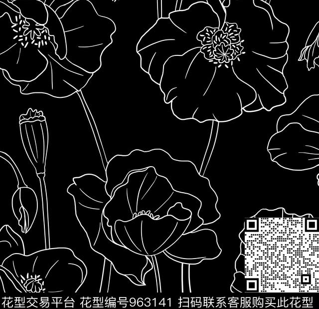 黑白华亿平台线条花卉抽象数码印花华亿平台下载（图片编号: 963141） - 瓦栏（Walan）