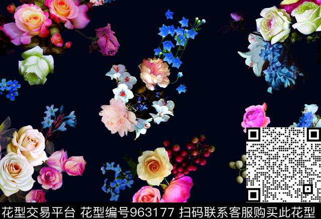 黑底花卉玫瑰花写实数码印花华亿平台下载（图片编号: 963177） - 瓦栏（Walan）