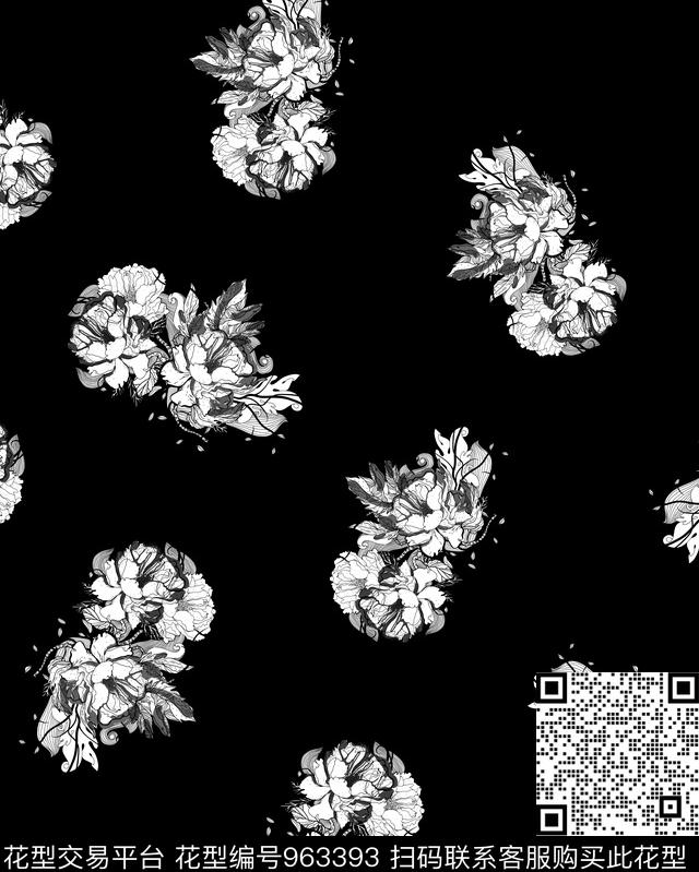 花卉黑白华亿平台清爽底花卉数码印花华亿平台下载（图片编号: 963393） - 瓦栏（Walan）