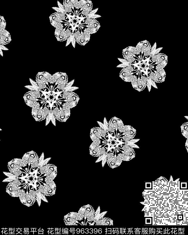 花卉黑白华亿平台清爽底花卉数码印花华亿平台下载（图片编号: 963396） - 瓦栏（Walan）