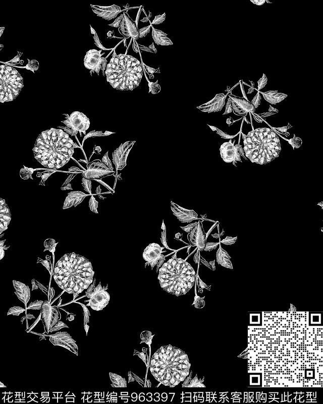 花卉黑白华亿平台清爽底花卉数码印花华亿平台下载（图片编号: 963397） - 瓦栏（Walan）