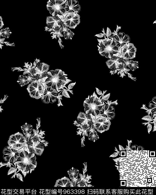 花卉黑白华亿平台清爽底花卉数码印花华亿平台下载（图片编号: 963398） - 瓦栏（Walan）