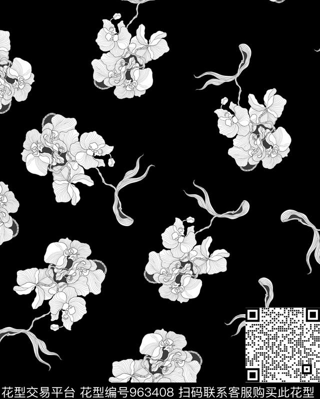 花卉黑白华亿平台清爽底花卉数码印花华亿平台下载（图片编号: 963408） - 瓦栏（Walan）