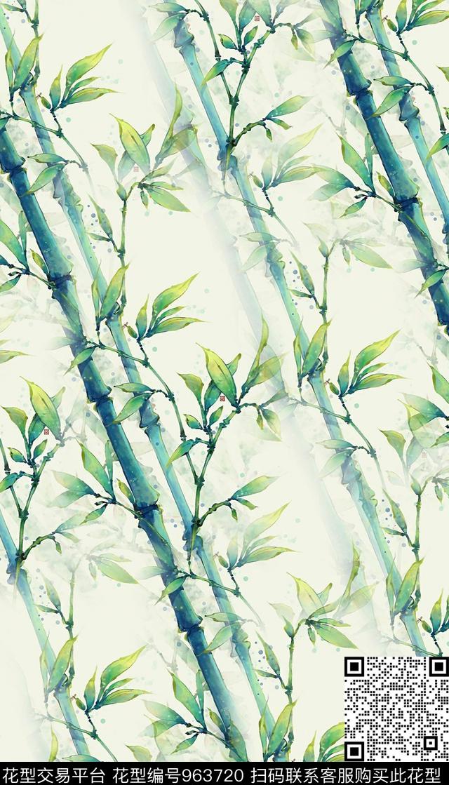 竹子中国风水墨风数码印花华亿平台下载（图片编号: 963720） - 瓦栏（Walan）