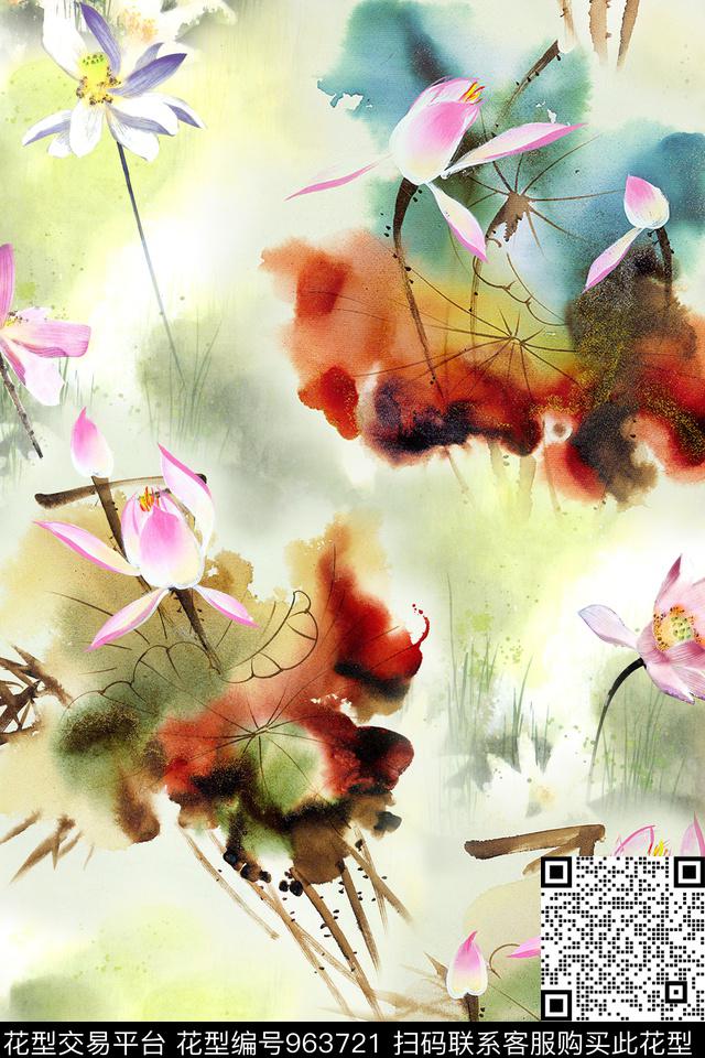 花卉荷花国画花数码印花华亿平台下载（图片编号: 963721） - 瓦栏（Walan）