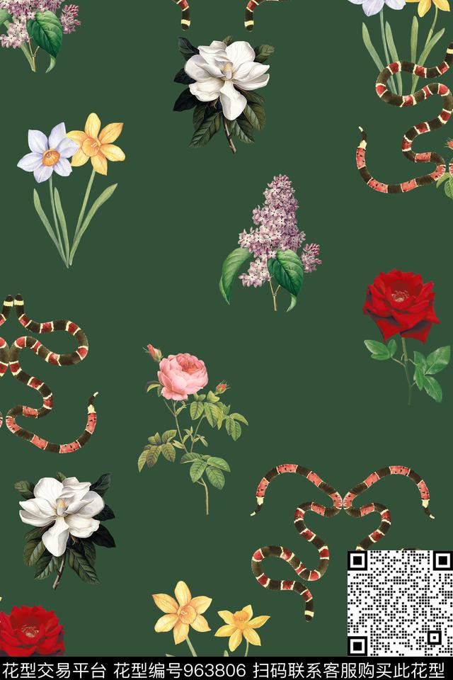 玉兰花手绘花卉玫瑰花数码印花华亿平台下载（图片编号: 963806） - 瓦栏（Walan）