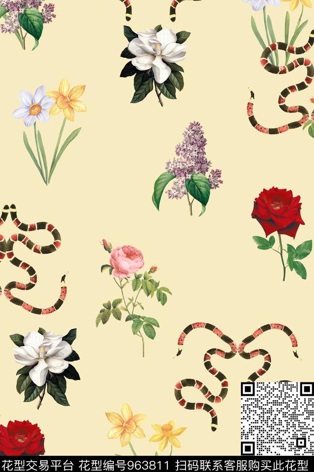 玉兰花手绘花卉玫瑰花数码印花华亿平台下载（图片编号: 963811） - 瓦栏（Walan）