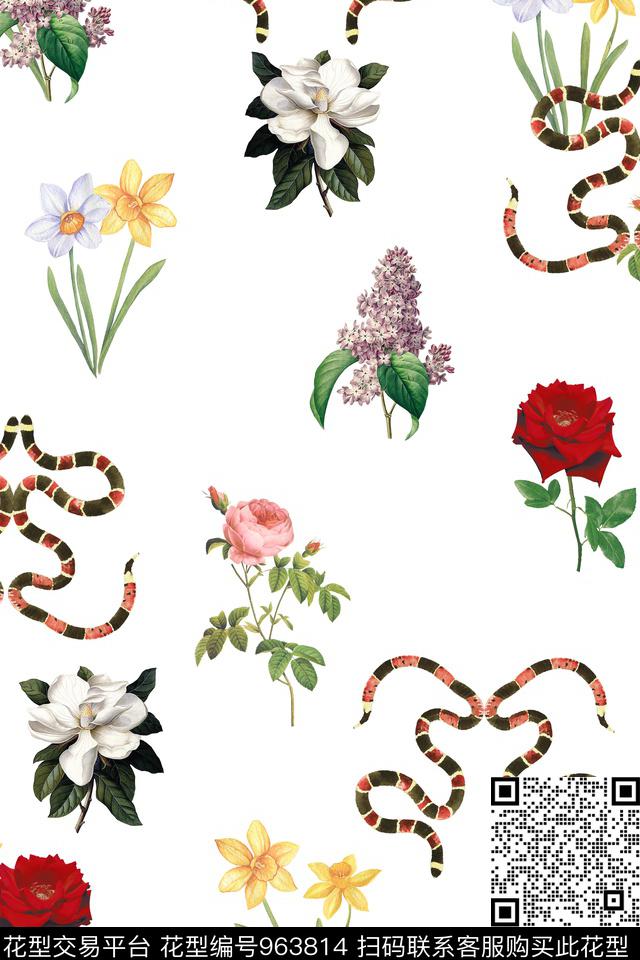 玉兰花手绘花卉玫瑰花数码印花华亿平台下载（图片编号: 963814） - 瓦栏（Walan）