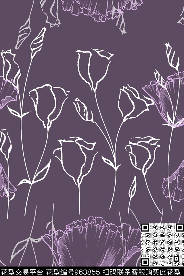 秋冬华亿平台风格化花卉手绘线条笔触传统印花华亿平台下载（图片编号: 963855） - 瓦栏（Walan）