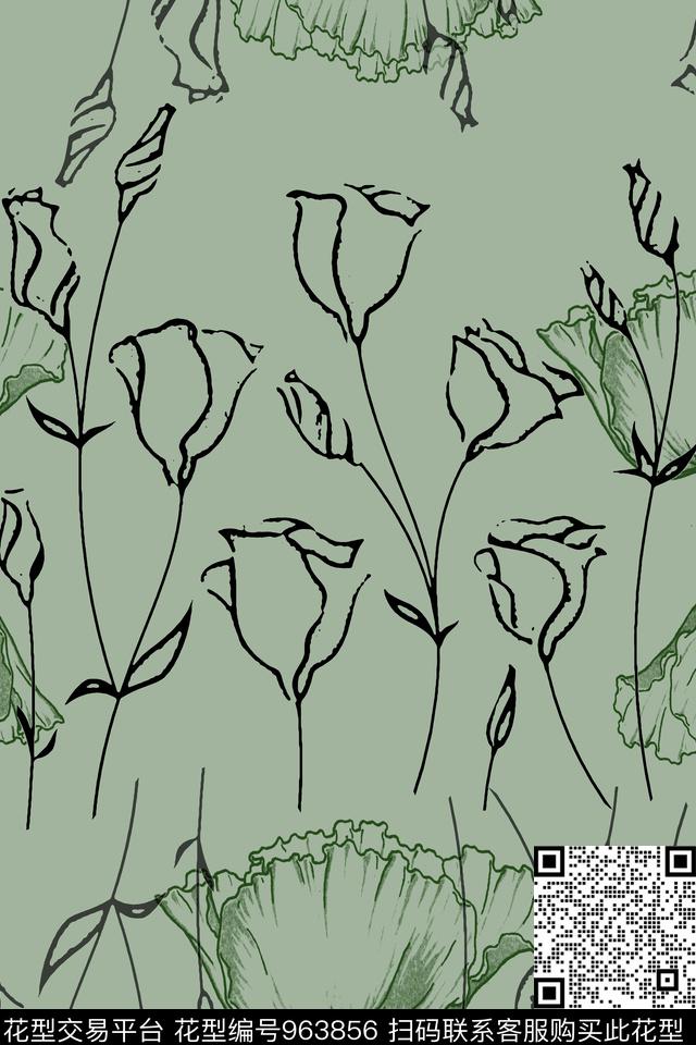 秋冬华亿平台风格化花卉手绘线条笔触传统印花华亿平台下载（图片编号: 963856） - 瓦栏（Walan）
