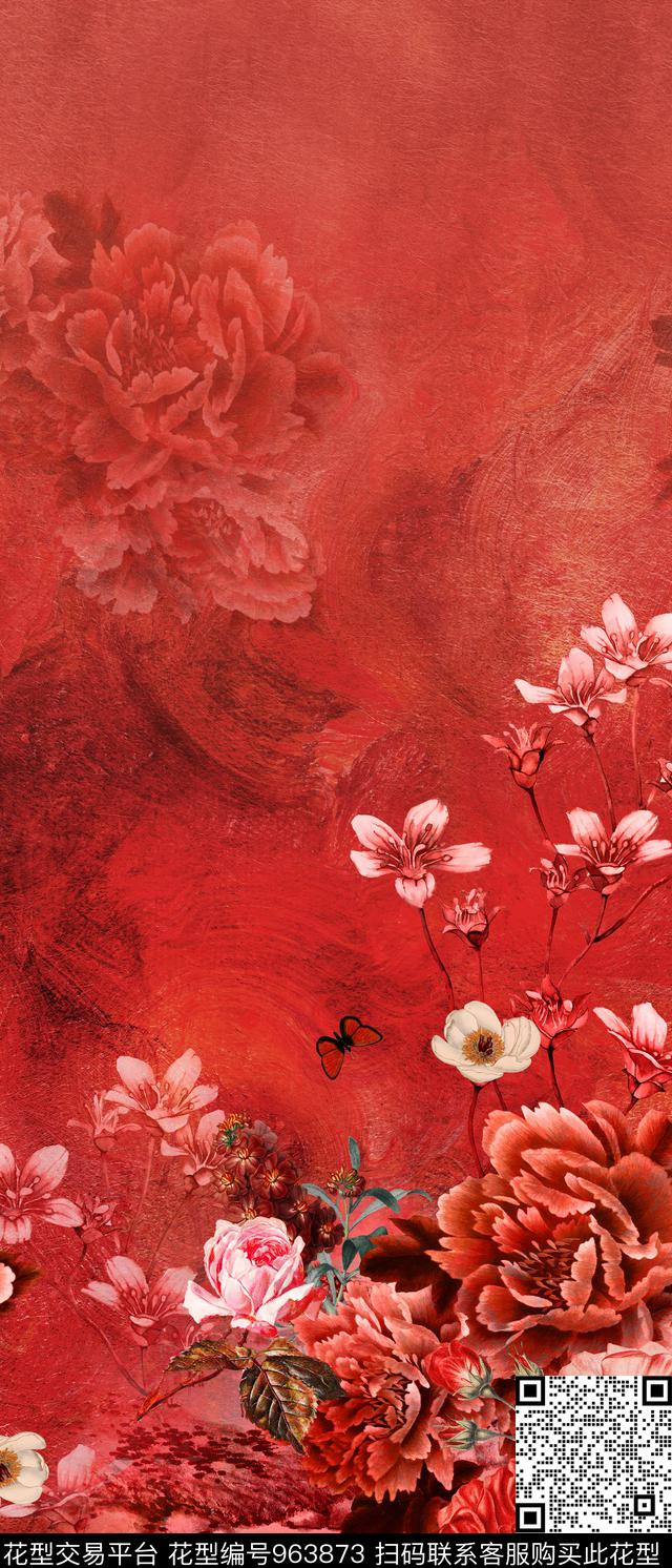 花卉中国风定位花数码印花华亿平台下载（图片编号: 963873） - 瓦栏（Walan）