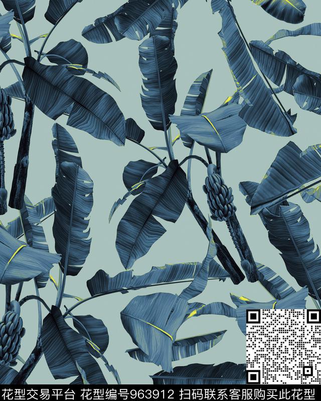 香蕉棕榈树大叶植物数码印花华亿平台下载（图片编号: 963912） - 瓦栏（Walan）