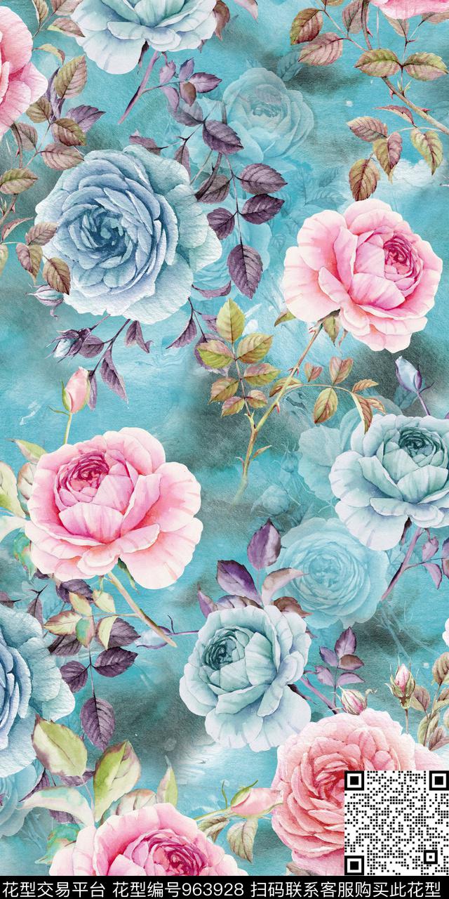 手绘花卉迪拜花卉满版散花数码印花华亿平台下载（图片编号: 963928） - 瓦栏（Walan）