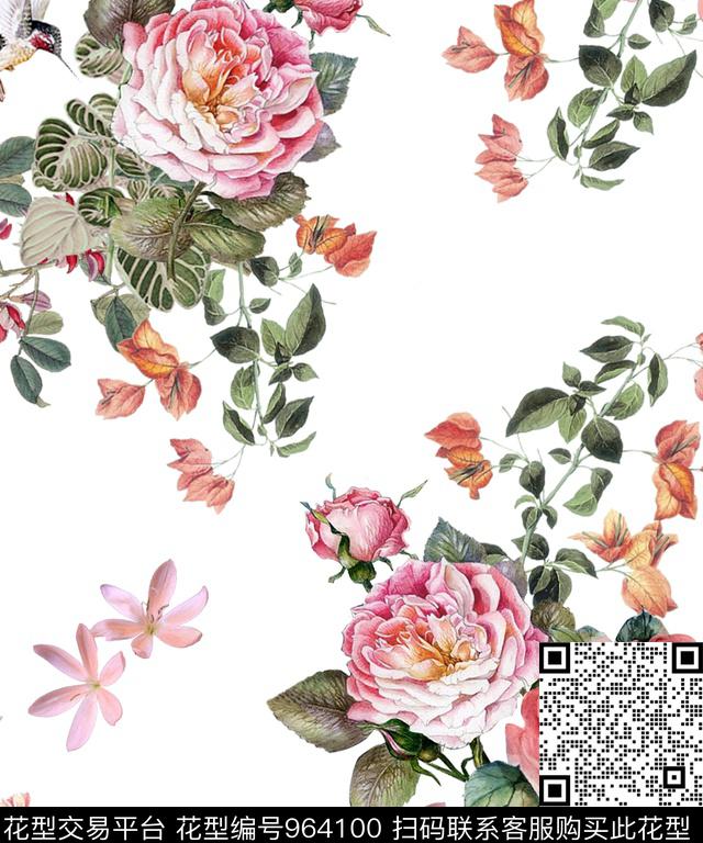 数码华亿平台手绘花卉蝴蝶数码印花华亿平台下载（图片编号: 964100） - 瓦栏（Walan）